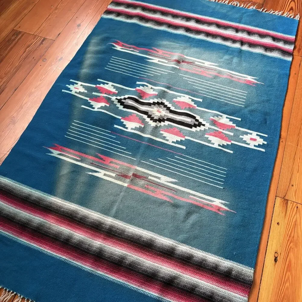 Vintage Chimayo Handwoven Wool Blanket Rug Beautiful Turquoise RARE 68